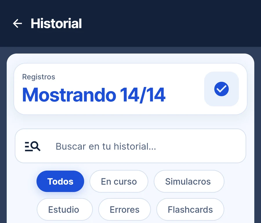 Historial con exámenes y mazos en curso y terminados