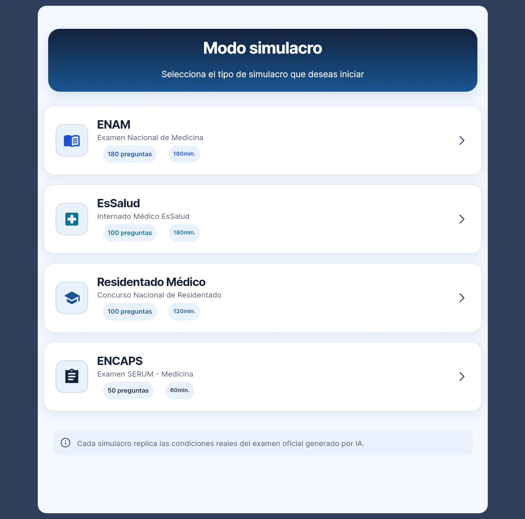 Modo simulacro: ENAM, EsSalud, Residentado Médico y ENCAPS con sus preguntas y minutos