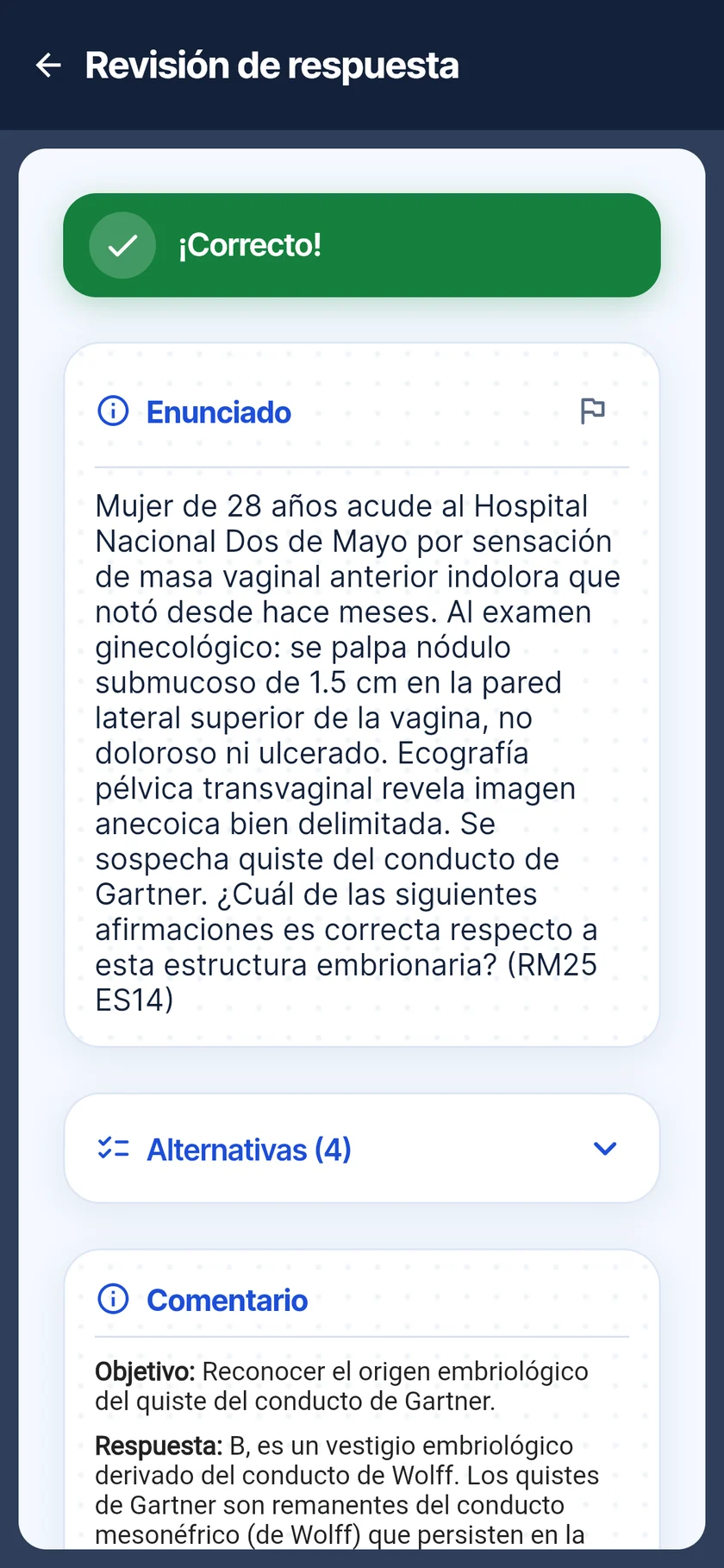 Respuesta correcta con el enunciado y su comentario