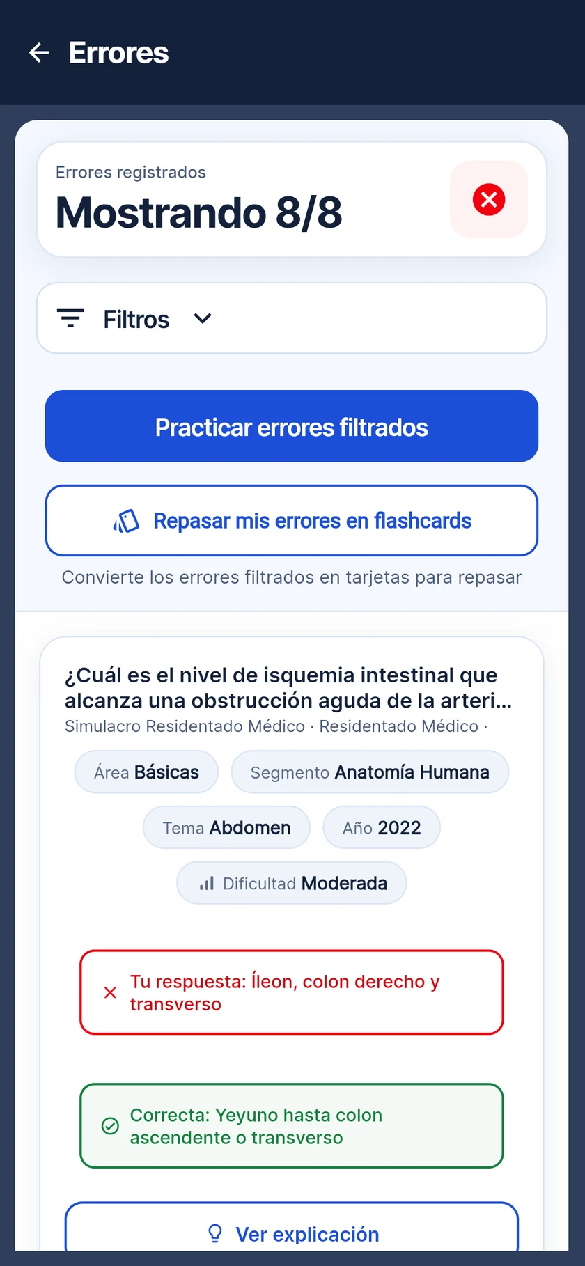 Historial de errores con tu respuesta y la correcta