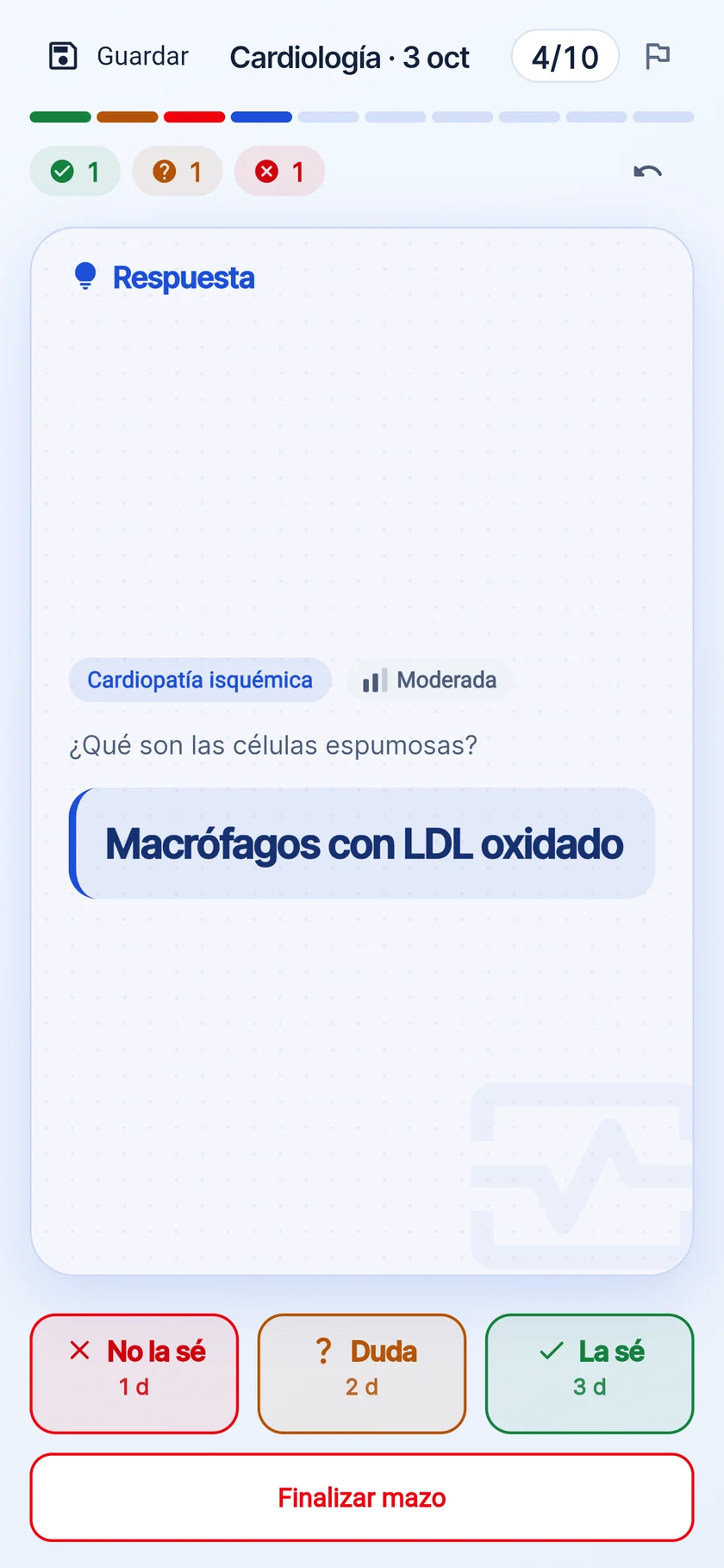 Flashcard volteada con la respuesta y los botones No la sé, Duda y La sé