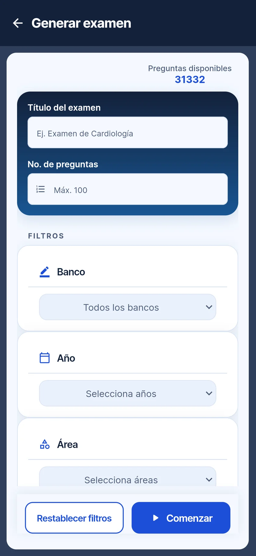 Generar examen con los filtros de banco, año, área y segmento