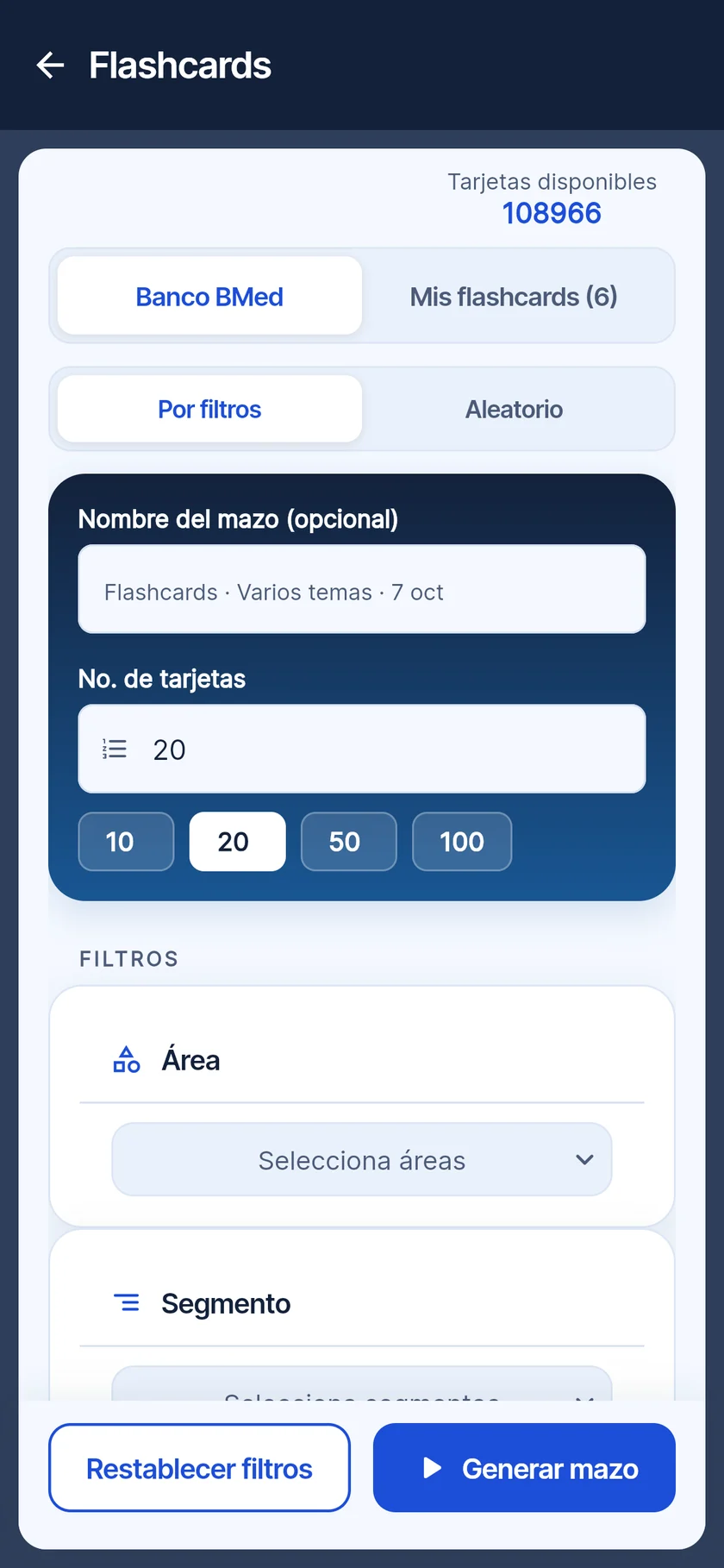 Arma tu mazo: Banco BMed o Mis flashcards, por filtros o aleatorio