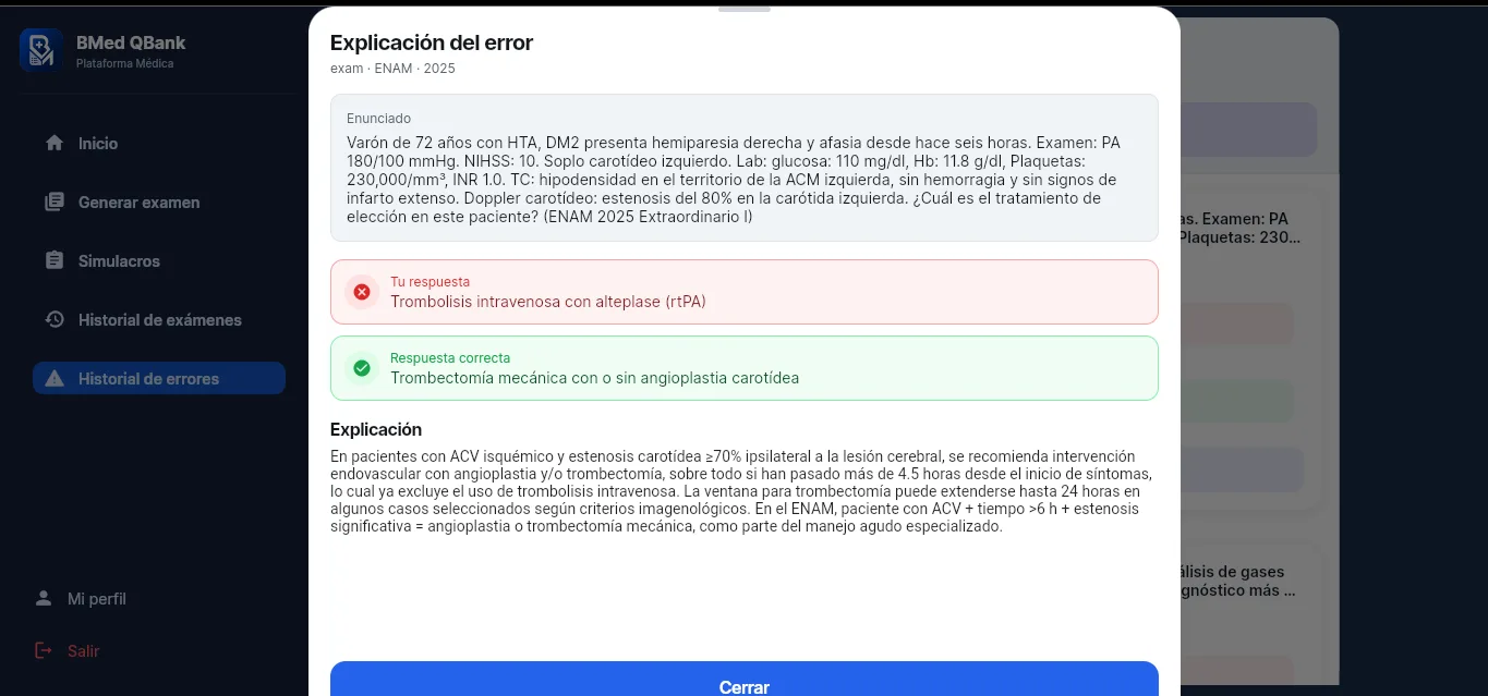 Explicación del error con enunciado, tu respuesta, la respuesta correcta y el razonamiento