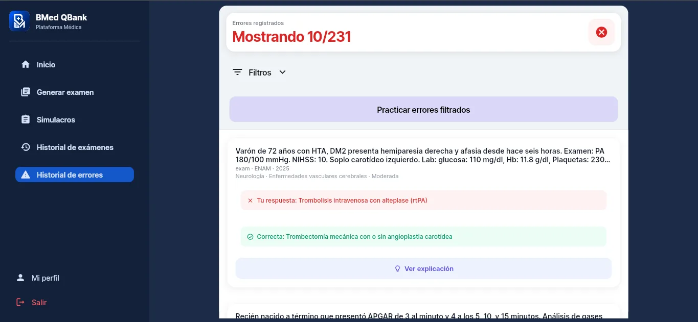 Historial de errores con filtros, tu respuesta frente a la correcta y botón para practicar errores filtrados