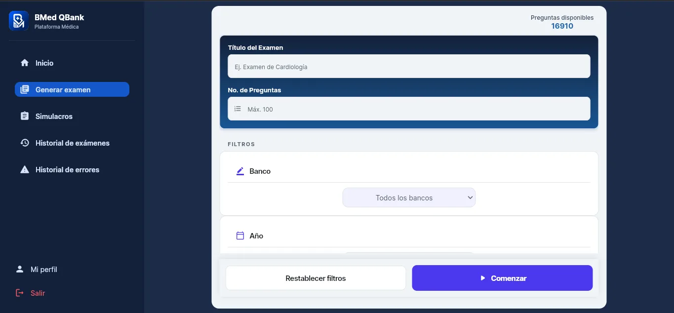 Pantalla de Generar Examen con filtros por banco, año, área y segmento, con 16,910 preguntas disponibles