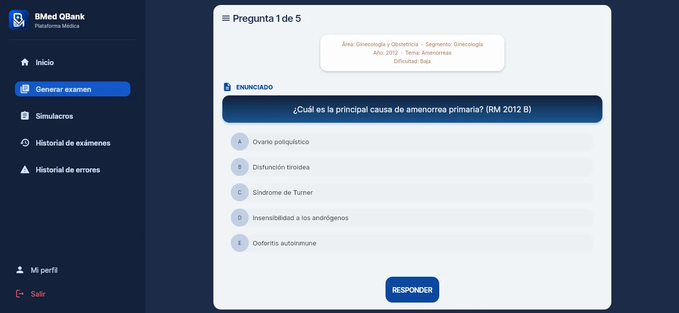 Pregunta de Modo Estudio con alternativas A a E