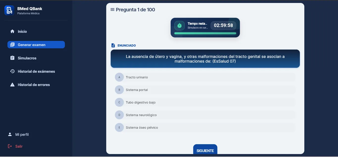 Pantalla de simulacro con cronómetro de tiempo restante y pregunta con opciones A a E