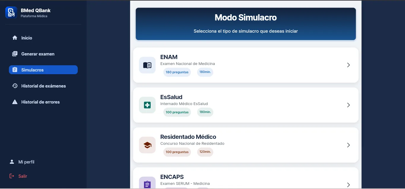 Selector de Modo Simulacro con ENAM, EsSalud y Residentado Médico